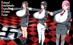 Rule 34 | 3girls, armband, black hair, blue eyes, blush, breasts, brown hair, cross, eyepatch, female focus, german text, gigantic breasts, hair ornament, highres, iron cross, kirise mitsuru, long hair, looking at viewer, military, military uniform, mole, multiple girls, nazi, necktie, pink eyes, pink hair, red eyes, salute, standing, straight-arm salute, sword, text focus, twintails, weapon