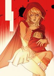 1boy 1girl blonde_hair boots cape commentary crying crying_with_eyes_open diego_brando disembodied_head dress english_commentary hair_over_eyes highres hood jojo_no_kimyou_na_bouken lay_llll looking_at_viewer lucy_steel pink_dress red_background red_hood severed_head short_dress spoilers steel_ball_run tears wristband