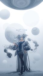 Rule 34 | 1girl, absurdly long hair, angel day, arm at side, aurora, bare shoulders, belt, black pantyhose, blue dress, blue eyes, blurry, blurry background, boots, breasts, chooco (chocoshi), closed mouth, cyborg, diagonal bangs, dress, film strip, floating, floating object, full body, gears, gradient background, hair ornament, highres, jacket, long hair, looking at viewer, mechabare, off-shoulder dress, off shoulder, orb, original, oversized clothes, pantyhose, reflection, reflective floor, reflective water, rotor, shadow, skyline, solo, very long hair, walking, white background, white hair, white jacket, wide sleeves