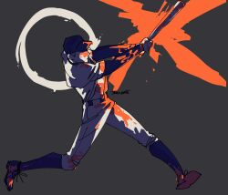 1boy arms_up baseball_bat baseball_cap baseball_jersey baseball_uniform belt belt_buckle black_belt black_hat black_socks buckle circle closed_mouth commentary drag00ni english_commentary full_body grey_background hat highres holding holding_baseball_bat jersey layered_sleeves limited_palette long_sleeves male_focus no_eyes off_(game) pants shirt short_hair short_over_long_sleeves short_sleeves sideburns socks solo sportswear swinging_weapon the_batter_(off) very_short_hair white_pants white_shirt