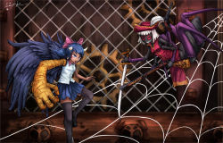 2girls antique_firearm arthropod_girl arthropod_limbs black_legwear blouse blue_eyes blue_hair blue_shirt blunderbuss bow captain_ellena_arachnia chelshia chimera firearm gloves gun hair_bow hat horns insect_girl khimera_destroy_all_monster_girls multiple_girls open_mouth pirate_hat pleated_skirt ray-k red_eyes shirt short_hair silk skirt smile spider_girl spider_web sword weapon white_hair wings