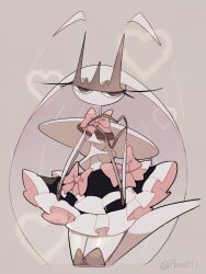 1girl a-nya antennae arthropod_girl black_skirt bow bow_skirt closed_mouth clothed_pokemon cockroach_girl colored_skin cowboy_shot creatures_(company) dot_mouth frilled_skirt frills furry furry_female game_freak gen_7_pokemon half-closed_eyes hands_up heart heart_hands highres joints leg_up long_eyelashes long_hair looking_at_viewer nintendo pheromosa pink_bow pokemon pokemon_(creature) skirt solo translucent_hair two-tone_skirt ultra_beast very_long_hair white_hair white_skin white_skirt