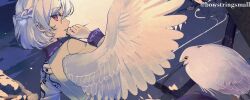 1girl bird braid commentary_request dress feathered_wings grey_hair heron jacket kishin_sagume long_sleeves looking_at_viewer looking_back oito_(bowstringsmall) purple_dress red_eyes short_hair single_wing solo touhou twitter_username white_bird white_wings wings