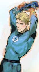 Rule 34 | 1boy, arm up, blonde hair, blue bodysuit, blue eyes, bodysuit, closed mouth, commentary request, fantastic four, fire, gloves, highres, human torch, johnny storm, male focus, marvel, mii (lvhrsmnt), short hair, smile, solo, toned, toned male, two-tone bodysuit