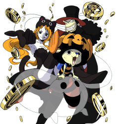 1girl 2boys :q animal_ears animal_hat antlers armpits black_cape black_dress black_gloves black_hair black_hat black_thighhighs blue_nose breasts cape cat_ears cat_hat cat_tail closed_mouth coin commentary_request dress fang ghost glint gloves gold_coin halloween halloween_costume hat horns kyakya large_breasts long_hair long_nose looking_at_viewer mixed-language_commentary multiple_boys nami_(one_piece) one_piece open_mouth orange_hair pumpkin_hat reindeer_antlers reindeer_boy single_sidelock strapless strapless_dress tail thighhighs tongue tongue_out tony_tony_chopper usopp wavy_hair
