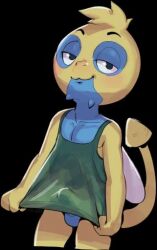 1boy apis blonde_hair blue_eyes bottomless bulge dunsparce erection erection_under_clothes furry gen_2_pokemon insect_wings male_focus monster_boy nintendo pectoral_cleavage pectorals pokemon pokemon_(creature) shota solo tail tank_top testicles wings