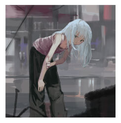 1girl bent_over black_pants cropped_legs highres kouka_(mrakano5456) long_hair looking_to_the_side original pants road singlet solo street white_hair