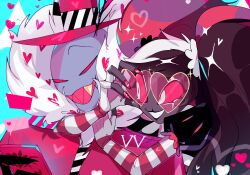 1boy 1girl ama0805 coat colored_skin demon_boy dress fur-trimmed_coat fur_trim hazbin_hotel heart heart-shaped_eyewear highres pink_coat pink_dress purple_skin red_eyes sharp_teeth teeth twintails valentino_(hazbin_hotel) velvette_(hazbin_hotel)