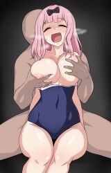 1boy 1girl absurdres blush breasts breasts_out closed_eyes covered_navel dark-skinned_male dark_skin embarrassed fujiwara_chika grabbing_another&#039;s_breast grabbing_from_behind groping hagarza_p highres huge_breasts interracial kaguya-sama_wa_kokurasetai_~tensai-tachi_no_renai_zunousen~ knees long_hair nipples nude open_mouth pink_hair shaded_face sitting smile speech_bubble sweat swimsuit thighs unaligned_breasts