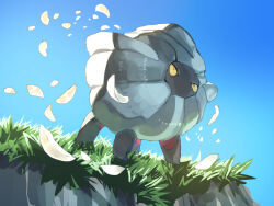 Rule 34 | blue sky, day, falling petals, fusenryo, gen 3 pokemon, grass, nintendo, no humans, outdoors, petals, pokemon, pokemon (creature), shelgon, sky, solo, white petals