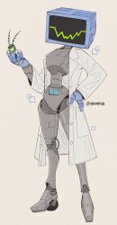 1boy 1girl absurdres antennae artist_name auveiss full_body hand_on_own_hip highres husband_and_wife joints karen_(spongebob) lab_coat one-eyed plankton_(spongebob) robot robot_girl robot_joints simple_background spongebob_squarepants_(series) standing