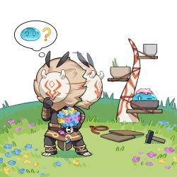 ? black_skin bouquet chibi colored_skin field flower flower_field genshin_impact highres hilichurl_(genshin_impact) mask official_art one_eye_closed outdoors petals slime_(creature) slime_(genshin_impact) tribal