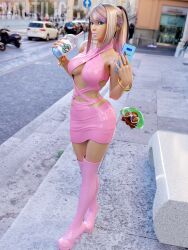 1girl 3d absurdres alien bimbofication black_eyeliner black_streaks blonde_hair blue_eyes blue_eyeshadow boots bracelet breasts bubble_tea cellphone cleavage clothing_cutout corruption cross-laced_clothes day dress earrings eyeliner eyeshadow gradient_hair gyaru highres jewelry kraid long_hair looking_at_viewer makeup metroid metroid_(creature) metroid_larva midriff mole mole_under_mouth multicolored_hair nautilic nintendo outdoors pencil_dress phone pink_boots pink_dress pink_lips pink_nails pink_streaks ponytail rome_(city) samus_aran santa_maria_in_trastevere smartphone solo starbucks stomach_cutout streaked_hair sunglasses tan tanline thigh_boots underboob