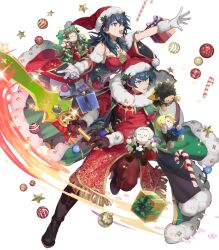 1boy 1girl attack bare_shoulders black_footwear black_gloves blue_eyes blue_hair brooch female_byleth_(fire_emblem) female_byleth_(frosty_professor)_(fire_emblem) male_byleth_(fire_emblem) male_byleth_(frosty_professor)_(fire_emblem) candy cape character_doll claude_von_riegan dimitri_alexandre_blaiddyd doll dual_persona edelgard_von_hresvelg fire_emblem fire_emblem:_three_houses fire_emblem_heroes food fur-trimmed_cape fur_trim gift gloves green_cape hat highres holding holding_sword holding_weapon holly jewelry medium_hair midriff navel nintendo non-web_source official_alternate_costume official_art open_mouth pantyhose red_cape santa_costume santa_hat smile sothis_(fire_emblem) suzuki_iori sword weapon white_footwear white_gloves