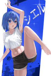 1girl absurdres alternate_costume barefoot black_shorts blue_eyes blue_hair blush character_name ciel_(tsukihime) commentary highres looking_at_viewer midriff navel o_taku open_mouth shirt short_shorts short_sleeves shorts solo standing standing_on_one_leg stomach thighs toes tsukihime tsukihime_(remake) white_shirt
