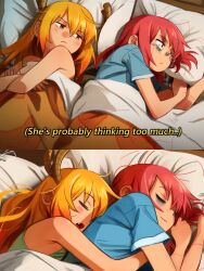 Rule 34 | 2girls, absurdres, bags under eyes, bed, bed sheet, concealed weapon, cuddling, english text, glasses, gun, handgun, highres, khyle., kobayashi-san chi no maidragon, kobayashi (maidragon), multiple girls, tohru (maidragon), weapon, yuri