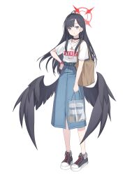 1girl absurdres alternate_costume back_hair bag black_choker black_hair black_shoes black_wings blue_archive blue_eyes blue_skirt brown_bag casual choker cup disposable_coffee_cup disposable_cup earrings feathered_wings hair_behind_ear hair_ornament hairclip hand_on_own_hip highres holding holding_bag ichika_(blue_archive) jewelry long_hair long_skirt looking_at_viewer low_wings nammmmer necklace parted_lips plastic_bag shirt shoes short_sleeves sidelocks skirt solo t-shirt watch white_shirt wings wristwatch