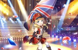black_gloves blonde_hair blue_eyes boots confetti crowd elbow_gloves flag game_cg gloves hat hat_feather holding holding_flag idolmaster idolmaster_cinderella_girls idolmaster_cinderella_girls_starlight_stage low_twintails marching_band mary_cochran official_art open_mouth skirt stage_lights stairs star_(symbol) thighhighs twintails union_jack white_thighhighs wrist_cuffs