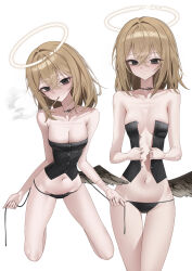 1girl absurdres black_eyes black_panties blonde_hair breasts broken_halo cigarette cleavage corset cut-here_line fallen_angel hair_between_eyes halo highres kneeling long_hair looking_at_viewer low_wings mansu_(user_pnmp4287) medium_breasts multiple_views navel neck_tattoo original panties single_wing smoking tattoo traditional_halo underwear white_background wings