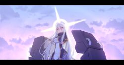 Rule 34 | 1girl, absurdres, amputee, breasts, capelet, cloud, cloudy sky, double amputee, dress, floating, floating object, hair between eyes, halo, highres, hoshi shimeji (yuki-e-toriusu1), large breasts, letterboxed, long hair, mecha musume, original, pink eyes, purple capelet, purple dress, sky, solo, very long hair, white hair