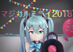 1girl 39 2018 ahoge amd_aoneko balloon bare_shoulders blue_bow blue_hair blue_shirt bow chalkboard closed_mouth crossed_bangs double-parted_bangs green_eyes hair_between_eyes hair_ornament hatsune_miku highres long_hair looking_at_viewer magical_mirai_(vocaloid) magical_mirai_miku magical_mirai_miku_(2018) shirt sleeveless sleeveless_shirt smile solo straight-on translation_request twintails two-tone_shirt white_shirt