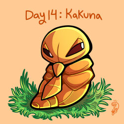 character_name gen_1_pokemon goyejo grass kakuna looking_at_viewer nintendo no_humans pokemon pokemon_(creature) simple_background solo toon_(style) yellow_background