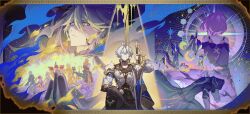 absurdres aglaea_(honkai:_star_rail) anaxa_(honkai:_star_rail) baishun bare_shoulders blue_eyes castorice_(honkai:_star_rail) chrysos_heirs_(honkai:_star_rail) cipher_(honkai:_star_rail) coat cyrene_(honkai:_star_rail) gradient_hair hair_ornament hat highres holding holding_sword holding_weapon honkai:_star_rail honkai_(series) hyacine_(honkai:_star_rail) multicolored_hair mydei_(honkai:_star_rail) phainon_(honkai:_star_rail) pink_hair purple_coat red_hair red_hat short_hair side_cape single_bare_shoulder sword trianne_(honkai:_star_rail) tribbie_(honkai:_star_rail) trinnon_(honkai:_star_rail) twintails weapon