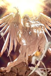 Rule 34 | 1girl, absurdres, angel wings, arm up, blood, blood on clothes, blue eyes, brown shoes, drawstring, dreaminglum, final fantasy, final fantasy xiv, full body, halo, halo behind head, highres, long hair, looking at viewer, mask, mask around neck, outstretched arm, robe, rock, shoes, skirt hold, solo, sophist&#039;s robe (ff14), standing, sword, tassel, unworn mask, venat (ff14), weapon, white hair, white robe, wings