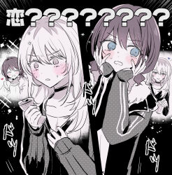 2girls beer_can blue_eyes blush brown_hair can choker closed_eyes commentary_request drink_can girls_band_cry grey_eyes grey_hair hamchan69 hand_on_own_hip heart highres holding holding_can iseri_nina jacket kawaragi_momoka limited_palette long_hair multicolored_hair multiple_girls roots_(hair) short_twintails smile sparkle sweater twintails yuri