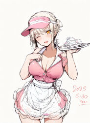 1girl ;d apron bare_shoulders blush breasts carhop cleavage clothing_cutout collarbone cowboy_shot dated dress frilled_apron frilled_dress frills gengoroh highres holding holding_tray large_breasts looking_at_viewer love_live! love_live!_nijigasaki_high_school_idol_club miyashita_ai official_alternate_costume one_eye_closed open_mouth orange_eyes pink_dress short_dress short_sleeves shoulder_cutout simple_background sketch smile solo tray visor_cap waist_apron waitress white_apron white_background