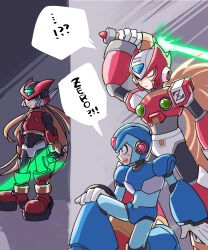 Rule 34 | !?, 3boys, absurdres, armor, blonde hair, blue armor, blue eyes, blue helmet, chest jewel, energy sword, forehead jewel, green eyes, group picture, helmet, hiding, highres, holding, holding sword, holding weapon, in-franchise crossover, long hair, male focus, mega man (series), mega man x (series), mega man zero (series), meshiuma0x, multiple boys, red armor, red helmet, speech bubble, standing, surprised, sword, time paradox, weapon, x (mega man), z saber, zero(z) (mega man), zero (mega man)