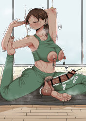1futa absurdres breasts brown_hair censored closed_eyes erection feet flexible futanari highres incense large_areolae large_breasts large_penis nipples pants penis ponytail pubic_hair solo testicles urethral_insertion yoga yoga_mat yoga_pants