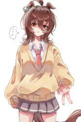 ... 1girl agnes_tachyon_(umamusume) animal_ears chemical_structure closed_mouth collared_shirt earrings ears_down grey_skirt gyaru_v highres horse_ears horse_girl horse_tail jewelry long_hair medium_hair necktie pleated_skirt shaded_face shirt short_necktie single_earring skirt solo speech_bubble spoken_ellipsis sui_sui0510 sweater tail umamusume unamused v white_shirt wolf_cut yellow_necktie yellow_sweater