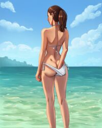 1girl adjusting_clothes adjusting_swimsuit ass bikini blue_sky brown_hair butt_crack chernyart cloud commentary dimples_of_venus english_commentary from_behind hand_under_clothes hand_under_swimsuit highres ocean original ponytail scratching_ass side-tie_bikini_bottom sky solo swimsuit white_bikini