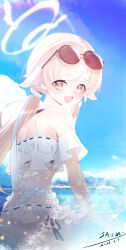 1girl absurdres bikini blonde_hair blue_archive blush eyewear_on_head frilled_bikini frills hayate_(1034853996) hifumi_(blue_archive) hifumi_(swimsuit)_(blue_archive) highres long_hair looking_at_viewer low_twintails ocean official_alternate_costume official_alternate_hairstyle open_mouth round_eyewear sidelocks solo sunglasses swimsuit twintails white_bikini yellow_eyes
