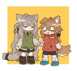 Rule 34 | &gt; &lt;, 2girls, :3, :d, ahoge, animal ear fluff, animal ears, artist name, black boots, black necktie, black ribbon, black shorts, black skirt, black socks, blue shoes, blush stickers, boots, border, brown hair, cat ears, cat girl, cat tail, closed eyes, closed mouth, collared shirt, commentary request, dog ears, dog girl, dog tail, double-parted bangs, fang, full body, green shirt, green sweater vest, hair ornament, hair ribbon, hairclip, highres, holding hands, jacket, kipfel (vrchat), layered sleeves, long hair, long sleeves, low-tied long hair, mamehinata, multiple girls, necktie, notamaru 2, open mouth, outside border, parallel hairclips, pleated skirt, red jacket, ribbon, shirt, shoes, short over long sleeves, short sleeves, shorts, simple background, skin fang, skirt, smile, socks, standing, sweater vest, tail, very long hair, vrchat, white border, white socks, xd, yellow background