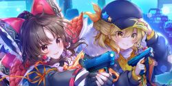 Rule 34 | 2girls, alternate costume, alternate hairstyle, alternate headwear, ascot, baseball cap, black gloves, black hat, black jacket, blonde hair, blush, bow, brown eyes, brown hair, commentary, english commentary, fingerless gloves, frilled bow, frilled hair tubes, frills, game cg, gloves, grin, gun, hair bow, hair tubes, hakurei reimu, hakurei reimu (lunar war shaman), handgun, hands on headwear, hat, hat ornament, highres, holding, holding gun, holding weapon, jacket, kirisame marisa, kirisame marisa (lunar war enchanter), layered clothes, long hair, long sleeves, multiple girls, official art, open clothes, open jacket, open mouth, red bow, sakura moyon, smile, star (symbol), star hat ornament, star print, third-party source, touhou, touhou lostword, weapon, yellow ascot, yellow eyes