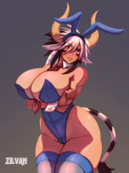 Rule 34 | 1girl, alternate costume, animal ears, arms under breasts, artist name, black hair, blue leotard, blue thighhighs, blush, breasts, brown eyes, cathyl, commentary, cow ears, cow girl, cow horns, cow tail, cowboy shot, english commentary, facial mark, fake animal ears, fang, grey background, hair between eyes, highleg, highleg leotard, highres, horns, huge breasts, leotard, long bangs, looking at viewer, medium hair, monster musume no iru nichijou, multicolored hair, playboy bunny, rabbit ears, solo, strapless, strapless leotard, tail, thighhighs, two-tone hair, white hair, zilvan