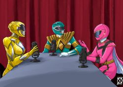 1boy 2girls arm_on_table armor belt_buckle bodysuit buckle cape curtains dragon_ranger gloves gold_armlet gold_armor gold_belt gold_trim green_bodysuit green_helmet hand_on_table helmet highres kyouryuu_sentai_zyuranger magipink mahou_sentai_magiranger microphone microphone_stand mighty_morphin_green_ranger mighty_morphin_power_rangers multiple_girls pantyhose pink_bodysuit pink_cape pink_gloves pink_helmet pink_mystic_ranger pink_skirt podcast power_rangers power_rangers_(movie) power_rangers_mystic_force red_background shoulder_armor signature skirt super_sentai table tokusatsu twitter_username white_gloves white_pantyhose x_pacaud yellow_armor yellow_gloves yellow_helmet yellow_ranger_(movie)