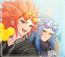 Rule 34 | 2boys, berry, black jacket, black shirt, blue coat, blue hair, blue sky, blueberry, candy, castle, coat, collarbone, commentary request, cross scar, cup, day, disneyland, drink, eyewear on head, food, fruit, green eyes, hair slicked back, hand up, high collar, highres, holding, holding candy, holding cup, holding drink, holding food, holding lollipop, inset border, isa (kingdom hearts), jacket, kingdom hearts, kingdom hearts iii, lea (kingdom hearts), lollipop, long hair, looking at viewer, male focus, mickey mouse (symbol), multiple boys, open mouth, outdoors, red hair, scar, scar on face, shirt, sky, smile, spiked hair, squidkid528, sunglasses, teeth, upper body, v-neck