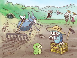 1boy 1girl 3others arthropod_girl blue_sky brown_hat bug butterfly_net cape cloak collector_(hollow_knight) day farming food forest fuifui grey_cape grub_(hollow_knight) hand_net hat hoe holding holding_butterfly_net holding_rake hollow_knight hollow_knight_(character) horned_mask hornet_(hollow_knight) knight_(hollow_knight) mask multiple_others nail_(hollow_knight) nature onigiri outdoors quirrel rake red_cloak sitting sky straw_hat the_hunter_(hollow_knight) the_last_stag wings