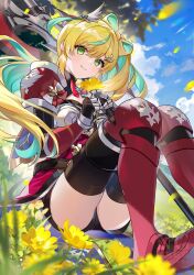 1girl aqua_eyes armor armored_boots black_thighhighs blonde_hair blue_sky boots closed_mouth cloud floating_hair gauntlets green_eyes hair_ornament highres long_hair looking_at_viewer multicolored_hair nijisanji outdoors red_boots sitting sky smile solo soraneko_hino streaked_hair tachitsute_toto thighhighs two-tone_hair very_long_hair virtual_youtuber