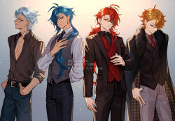 Rule 34 | 4boys, antenna hair, arm behind back, artist name, belt, belt buckle, black belt, black coat, black jacket, black necktie, black pants, black shirt, black vest, blue eyes, blue hair, blue pants, brown shirt, buckle, buttons, closed mouth, coat, coat on shoulders, collarbone, collared shirt, cowboy shot, crossed bangs, dark-skinned male, dark skin, diluc (genshin impact), double-breasted, earrings, eyepatch, fur-trimmed coat, fur trim, genshin impact, grey background, grey pants, grey shirt, grey vest, hair between eyes, hair over shoulder, hair slicked back, hand up, hands in pockets, highres, houndstooth, ifa (genshin impact), jacket, jewelry, kaeya (genshin impact), long hair, long sleeves, looking at viewer, low ponytail, male focus, multiple boys, necktie, ojo aa, one eye covered, open clothes, open jacket, open shirt, orange hair, pants, parted bangs, parted lips, pectoral cleavage, pectorals, ponytail, red eyes, red hair, red necktie, red vest, scar, scar across eye, scar on face, serious, shirt, shirt tucked in, short hair, sleeves rolled up, smile, smirk, standing, tartaglia (genshin impact), thumb in pocket, twitter username, vest, watermark, white hair, white shirt, wing collar