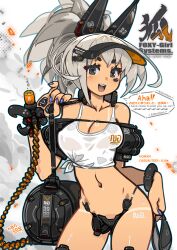 1girl blue_nails bracelet breasts cyborg english_text grey_hair highres jewelry looking_at_viewer mechanical_ears medium_breasts medium_hair multicolored_eyes nancou_(nankou) navel open_mouth original ponytail shirt solo speech_bubble tan tank_top tanline tied_shirt visor_cap white_tank_top