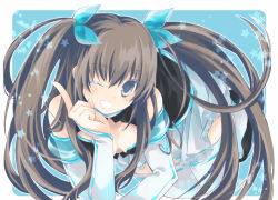 1girl ;d aizawa_hikaru aizawa_hikaru_(cosplay) axis_powers_hetalia bad_id bad_pixiv_id bare_shoulders blue_eyes boots brown_hair cosplay detached_sleeves etoryoku female_focus hair_ornament hair_ribbon long_hair microsoft one_eye_closed open_mouth pointing ribbon silverlight skirt smile solo star_(symbol) taiwan_(hetalia) thigh_boots thighhighs two_side_up very_long_hair white_thighhighs wink zettai_ryouiki