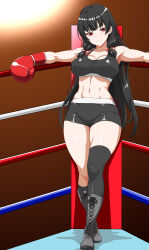 Rule 34 | 1girl, absurdres, against railing, asymmetrical legwear, black boots, black hair, black shorts, black socks, black thighhighs, blush, boots, boxing, boxing gloves, boxing ring, boxing shorts, breasts, brown background, closed mouth, commentary request, eyebrows hidden by hair, full body, highres, isokaze (kancolle), kantai collection, kasana, lace-up boots, large breasts, light blush, long hair, looking at viewer, navel, railing, red eyes, shadow, shorts, simple background, smile, socks, solo, sports bra, stomach, thighhighs, very long hair