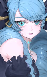 1girl absurdres bare_shoulders black_bow bow breasts closed_mouth drill_hair green_hair gwen_(league_of_legends) hair_bow heterochromia highres league_of_legends long_hair puffy_short_sleeves puffy_sleeves rayn87250715 shiny_skin short_sleeves solo twin_drills twintails