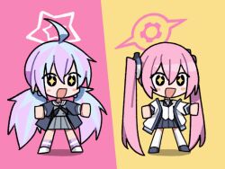 2girls :d ahoge animated animated_gif black_eyes black_jacket black_skirt blue_archive blue_hair blush chibi commentary english_commentary grey_shirt grey_skirt halo jacket jumping koyuki_(blue_archive) long_hair multicolored_background multicolored_hair multiple_girls necktie open_mouth paffendorf pink_background pink_hair pink_halo purple_hair purple_socks reisa_(blue_archive) sailor_collar shirt skirt smile socks sparkling_eyes thighhighs tsunderemaids twintails very_long_hair white_halo white_jacket white_shirt white_thighhighs yellow_background