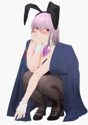 1girl a_(c3einycggcevevf) absurdres animal_ears bare_arms bare_shoulders black_shoes blue_jacket bow breasts detached_collar fishnet_pantyhose fishnets gridman_universe hand_on_own_face highres jacket large_breasts leotard looking_at_viewer open_mouth pantyhose pink_bow pink_hair playboy_bunny rabbit_ears red_eyes shinjou_akane shoes short_hair smile solo squatting ssss.gridman suit_jacket sunglasses wrist_cuffs