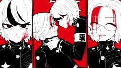 2boys ahoge aotsuki_eito blood blood_on_face closed_eyes glasses highres looking_at_another looking_at_viewer male_focus monochrome multiple_boys open_mouth red_background smile strangling sumino_takumi the_hundred_line_-last_defense_academy-